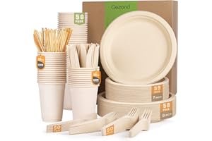 Gezond 350pcs Compostable Paper Plates Set, Eco-Friendly Heavy-Duty Disposable Paper Plates Cutlery Includes Biodegradable Pl