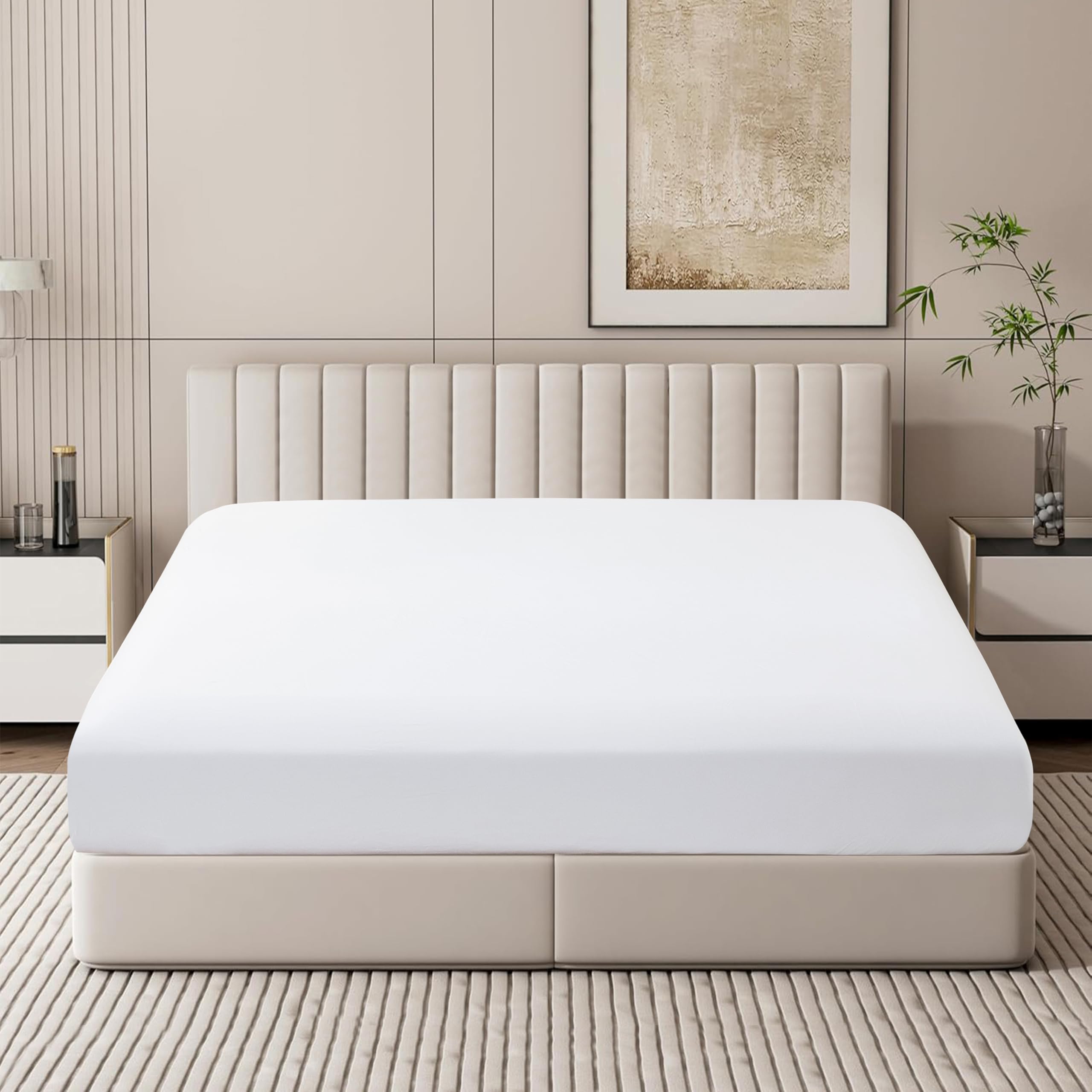 Photo 1 of 100% Egyptian Cotton Fitted Sheet King Size Only, 600 Thread Count, 8"-16" Deep Pocket Sateen Weave Bottom Sheet, Soft Breathable Hotel Quality, Foot Side Indicator (King, White)