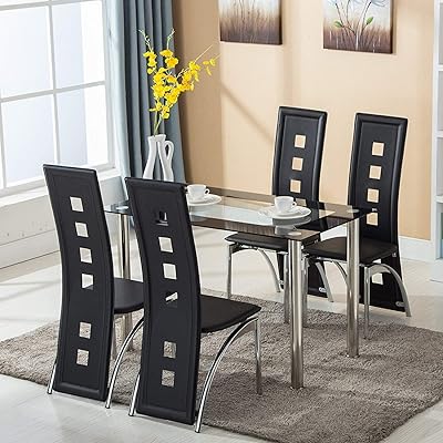 Mecor 5 Piece Glass Dining Room Table Set, Black Chairs