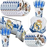 141pcs Real-Madrid Birthday Tableware Decorations Party Plates Cups Soccer Theme Napkins Beach Ball Tablecloth for Soccer Party Decoration (Real)
