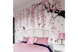 Lilacanthara Large Cherry Blossom Tree Wall Stickers,4 Sheets Spring Pink Flower Bird Wall Decals Peel and Stick Wall Murals Decor for Living Room Bedroom (Pink, 11.8 * 35.4inch)