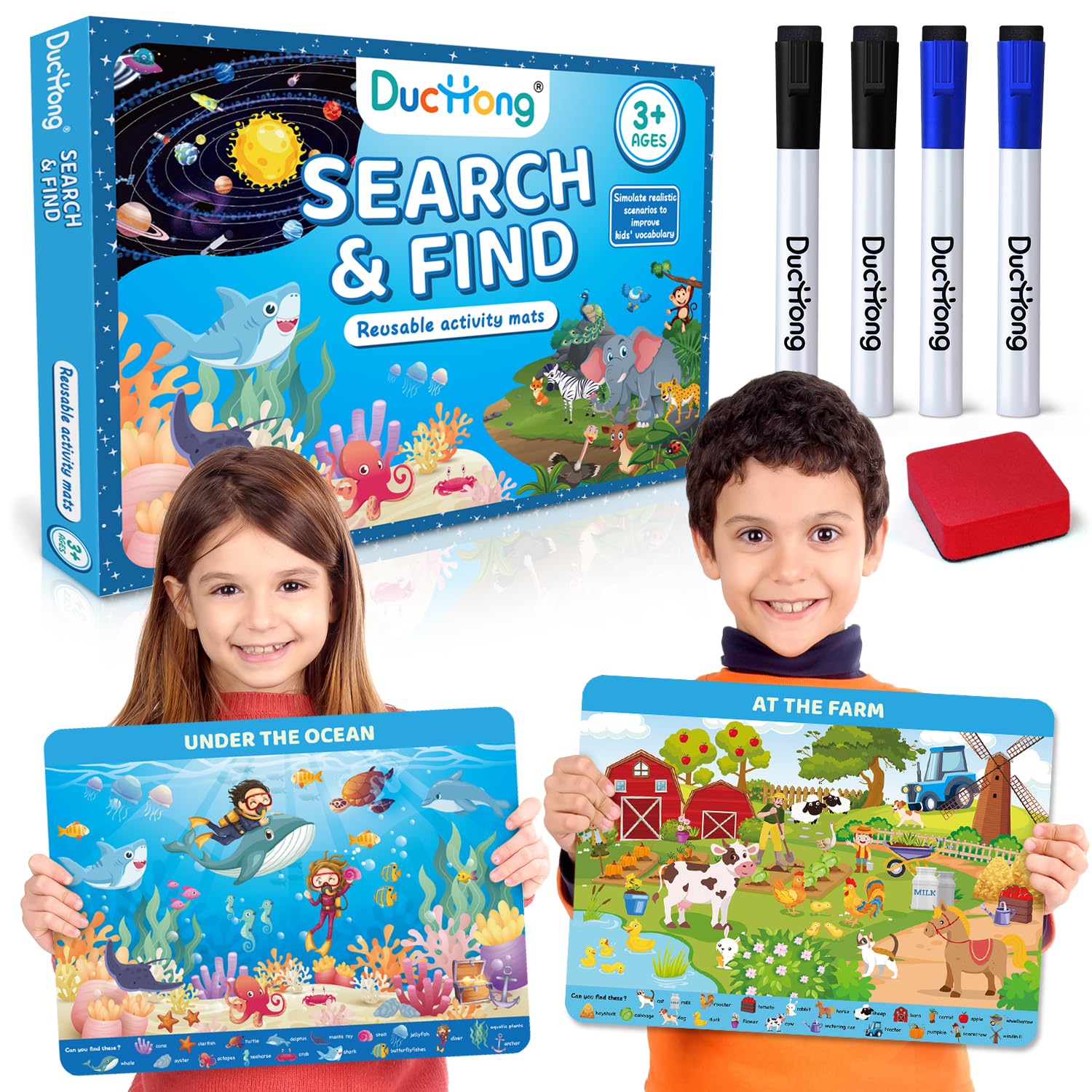 Reusable Preschool Learning Activities, Search and Find Cards with 4 Markers and 12 Themes Mats, Educational Toys for Kids Ages 4-6,3-8, Travel Games Gifts for Girls and Boys Ages 3 4 5 6