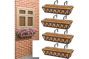 BTRAM 4 Pack 32IN Window Box Railing with Adjustable Brackets, Hanging Flower Planter Basket with Coco Liner for Outdoor Balcony Porch Fence Patio (Black)