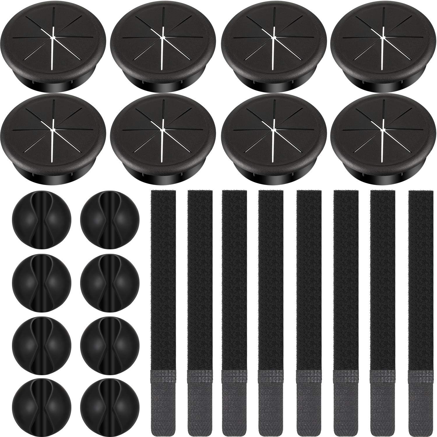 8 Pieces Cable Wire Hole Cover Desk Cord Grommets with 8 Pieces Cable Ties Reusable Fastening Wire Organizer Cord and 8 Pieces Cable Clips Holders Desk Wire Clips for Office PC Desk