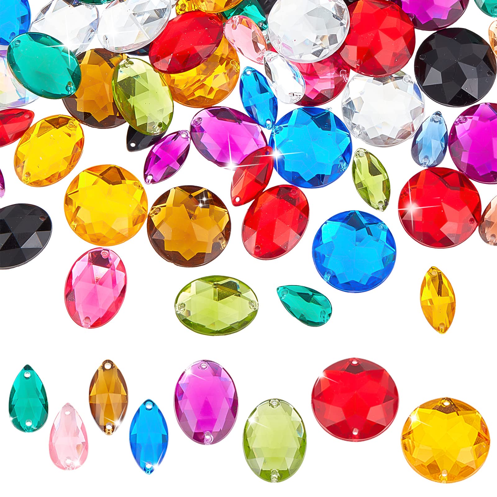 PandaHall Elite 80pcs Taiwan Acrylic Faceted Rhinestone Links, Flat Back Sew On 2-Hole Rhinestones For Jewellery Making Dress Decorations Garment Accessories, 10 Mixed Colors, 4 Mixed Styles