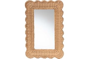 Bali & pari Makoto Scalloped Natural Rattan Wall Mirror - Handwoven Wicker Rectangle Frame, Boho Coastal Accent Wall Decor fo