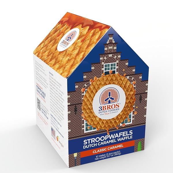 3BROS STROOPWAFELS, DUTCH CARAMEL-FILLED WAFFLE COOKIES, 10 COUNT, IN CANAL HOUSE BOX, SOFT TOASTED OUTSIDE WITH BUTTERY CARAMEL FILLING, MADE IN USA IN OUR FAMILY BAKERY