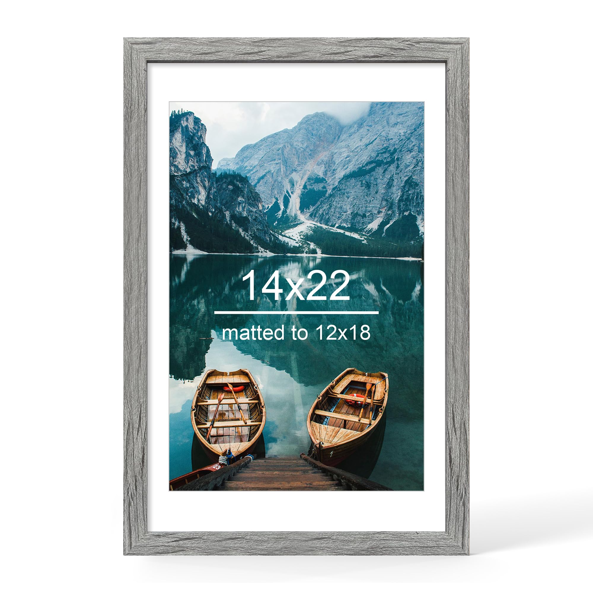 Hongkee 14x22 Picture Frame, Rustic Grey Wood Style - Display Posters 12 x 18 with Mat or 14x22 without Mat, Wall Mounting Horizontal and Vertical, 1 Pack Image