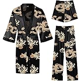 SWOMOG 3Pcs Men's Satin Robe Silk Satin Kimono Bathrobe with Shorts&Pants Set Soft Lightweight Nightwear