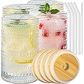 Ework4U 4 Pcs Iced Coffee Glasses Cups with Bamboo Lids and Straws,12 oz Thick Emboss Beaded Drinking Glass Cup Set,Latte Glasses,Ideal for Water,Soda,Gift - with Cleaning Brushes