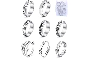 SAILIMUE 4/6/8/9 Pcs Fidget Anxiety Ring for Women Men Stainless Steel Spinner Ring for Anxiety Bead Flower Sun Moon Star Stress Relieving 6mm Band Rings Set