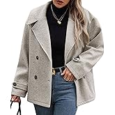 SOMTHRON Women's Winter Cropped Wool Trench Coat Double Breasted Lapel Dressy Short Blazer Jacket Pea Coat