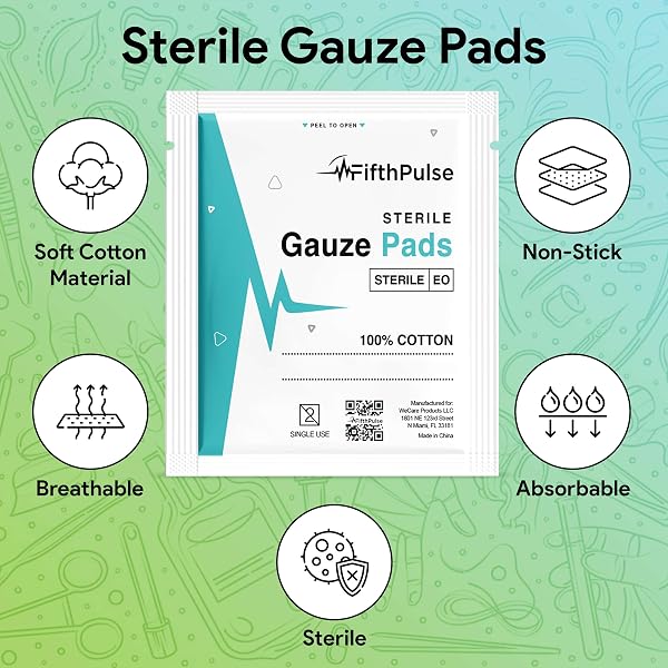 FIFTHPULSE STERILE GAUZE PADS 3″ X 3″ INDIVIDUALLY PACKED POUCHES, 100% COTTON – 50-PACK