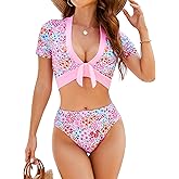 Jolefille Tankini Swimsuits for Women 2 Piece Tummy Control Bathing Suit High Waisted Bikini Sets Short Sleeves Full Coverage