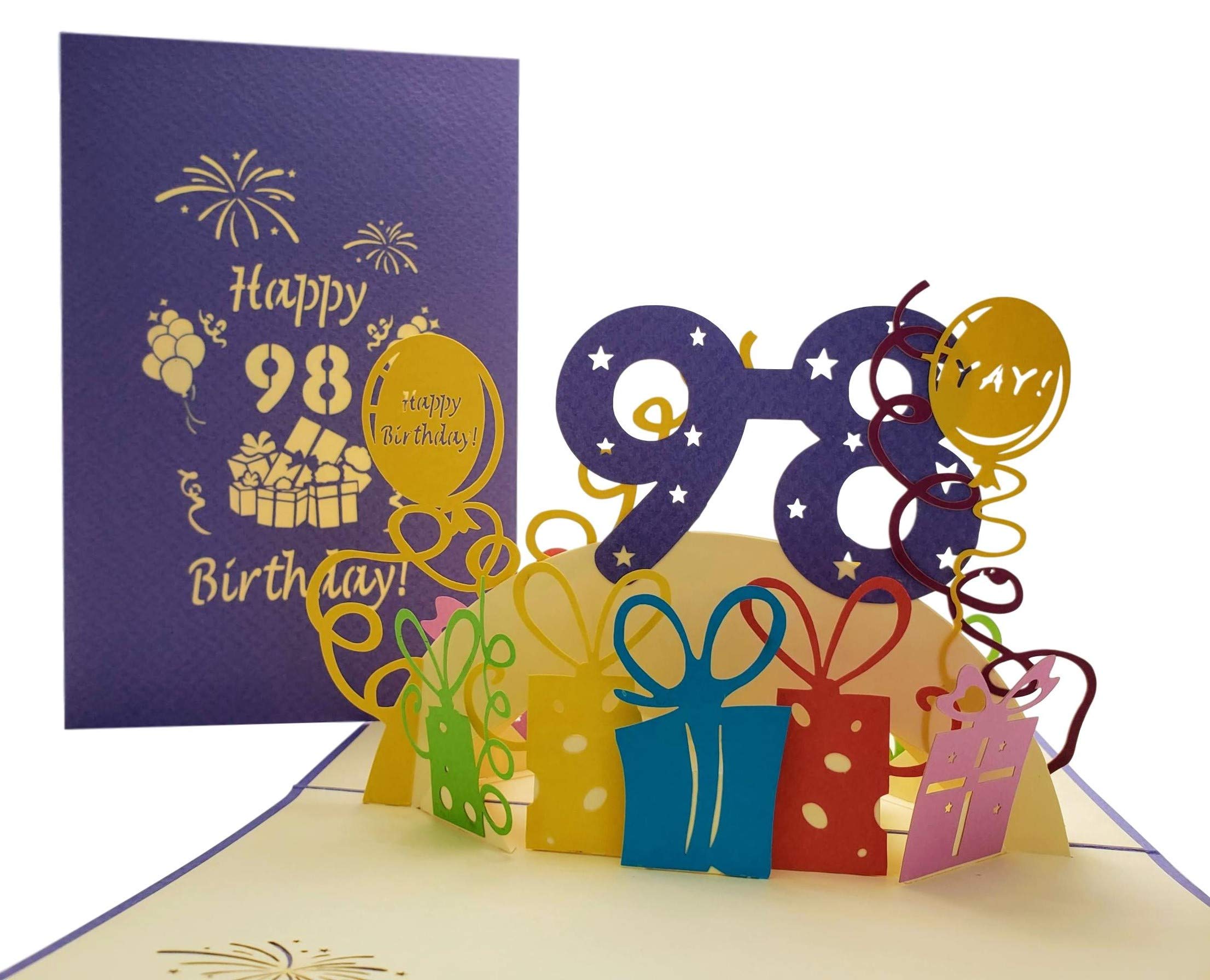 iGifts And Cards Happy 98th Birthday with Presents 3D Pop Up Greeting Card – Ninety-eight, Awesome, Balloons, Unique, Celebration, Cool, Congrats, Feliz Cumpleaños, Party