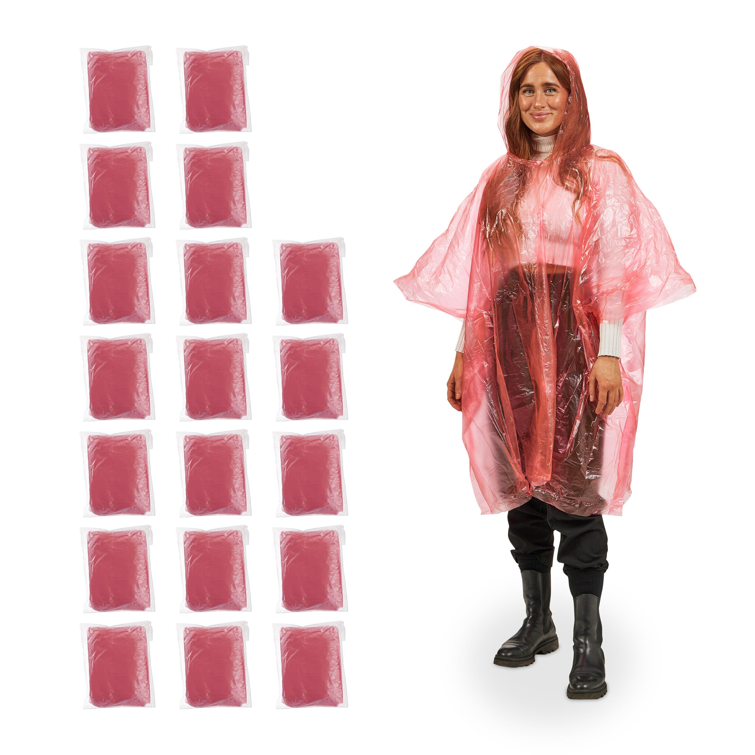 Relaxdays Set of 20 Rain Ponchos, Disposable Hooded Cape, for Festival, Waterproof, One Size, for Women & Men, Red
