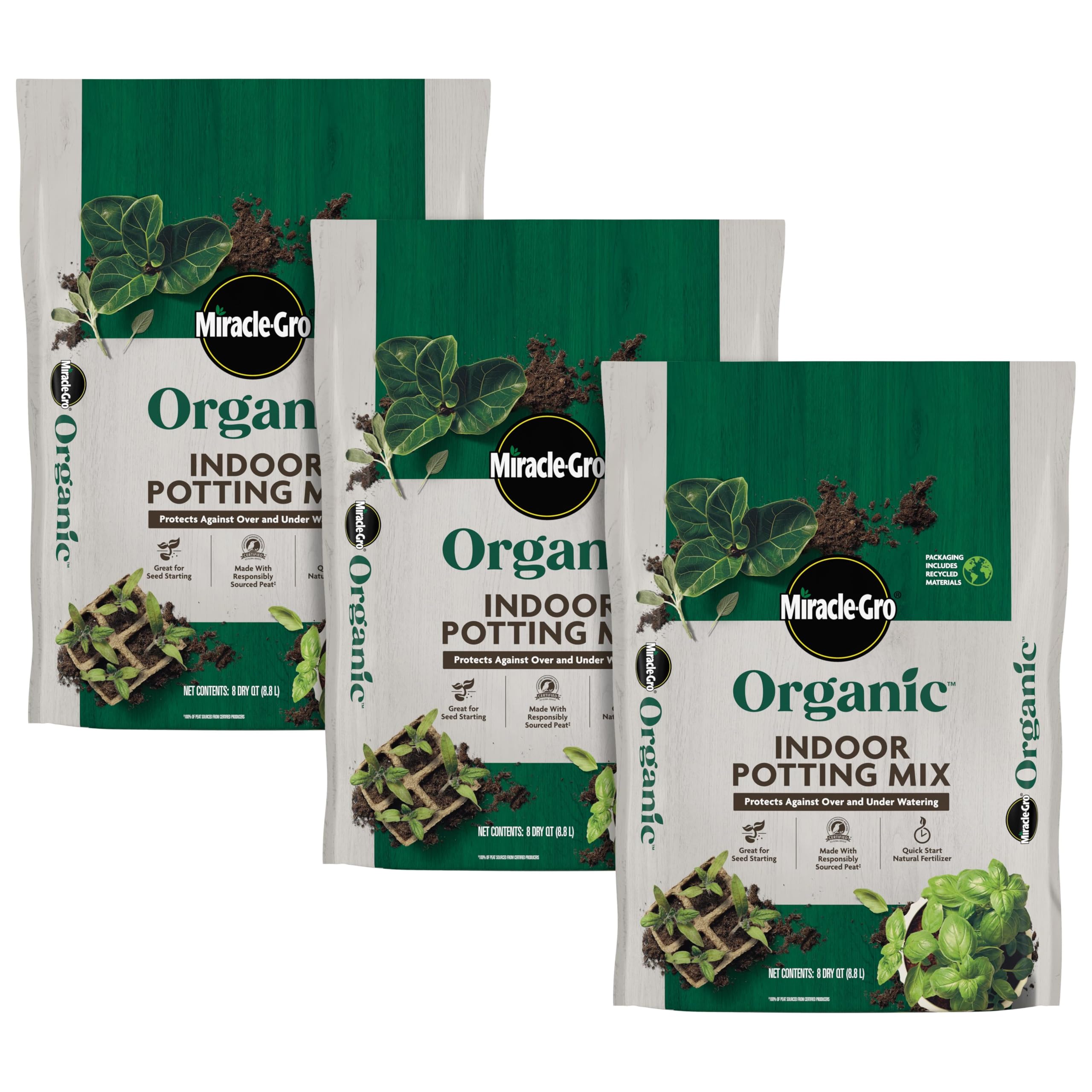 Photo 1 of Miracle-Gro Organic Indoor Potting Mix, Protects Against Over and Under Watering, for Indoor Container Plants, Houseplants and Starter Plants, OMRI Listed, 8 qt., 3-Pack