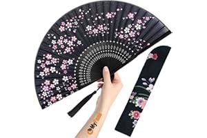 OMyFans Hand Fan for Women Foldable - Folding Chinese Japanese Vintage Bamboo Silk Fan - Ideal for Hot Flashes, Church, EDM, Festivals, Dancing and Gifts (Little Sakura-Black)