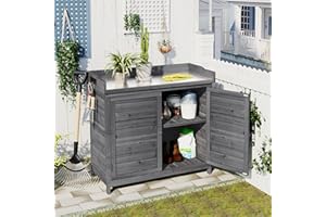 THCTVOUS 39” Outdoor Wooden Storage Cabinet with 2-Tier Shelves and Side Hook, Double Doors Potting Table for Garden Patio Backyard Lawn, Rustic (Grey, 39")