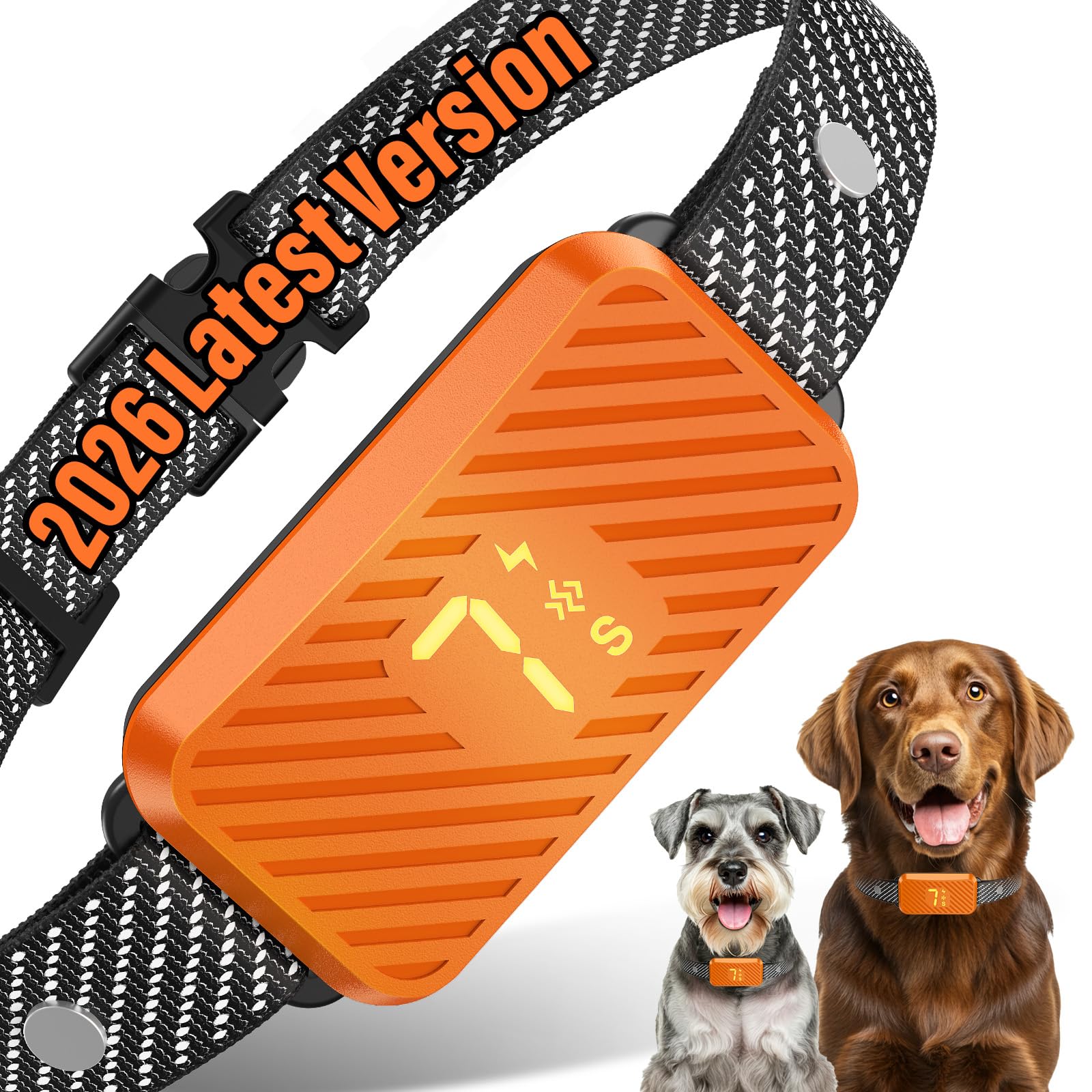 KJKZO Dog Bark Collar for Large Medium Small Dogs, Effective No-Bark Collar, Smart Barking Collar, Rechargeable Bark Collar with 7-Level Sensitivity, 3 B & V Modes, Waterproof, Neon Orange Image