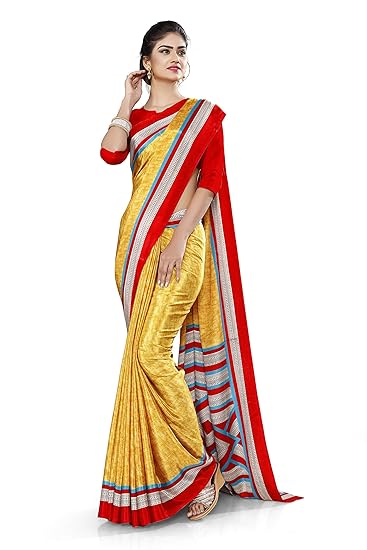Uniform Sarees Corp Womens Italian Silk Crepe Receptionist Uniform Saree With Blouse (Yellow;Red)