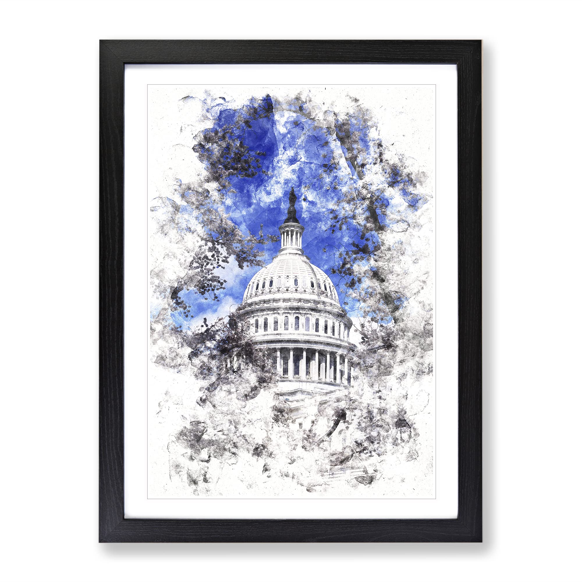 Capitol Hill & Cherry Blossom Tree Watercolour Modern Framed Wall Art Print, Ready to Hang Picture for Living Room Bedroom Home Office Décor, Black A4 (34 x 25 cm)