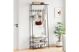 TAKYWEP Coat Rack Hall Tree with Shoe Storage Bench, 4-in-1 Entryway Bench with 6 Hooks & 3-Tier Shoe Rack, Metal Frame for Entryways, Freestanding Coat Racks Storage for Entryway, Hallway, Front Door