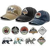 HEYTRCO 3PCS Washed Baseball Caps for Men Women with 9PCS Outdoor Camping Iron on Patches, DIY Nature Bear Mountain Compass Embroidered Hat Set, Adjustable Washed Cotton Trucker Hats
