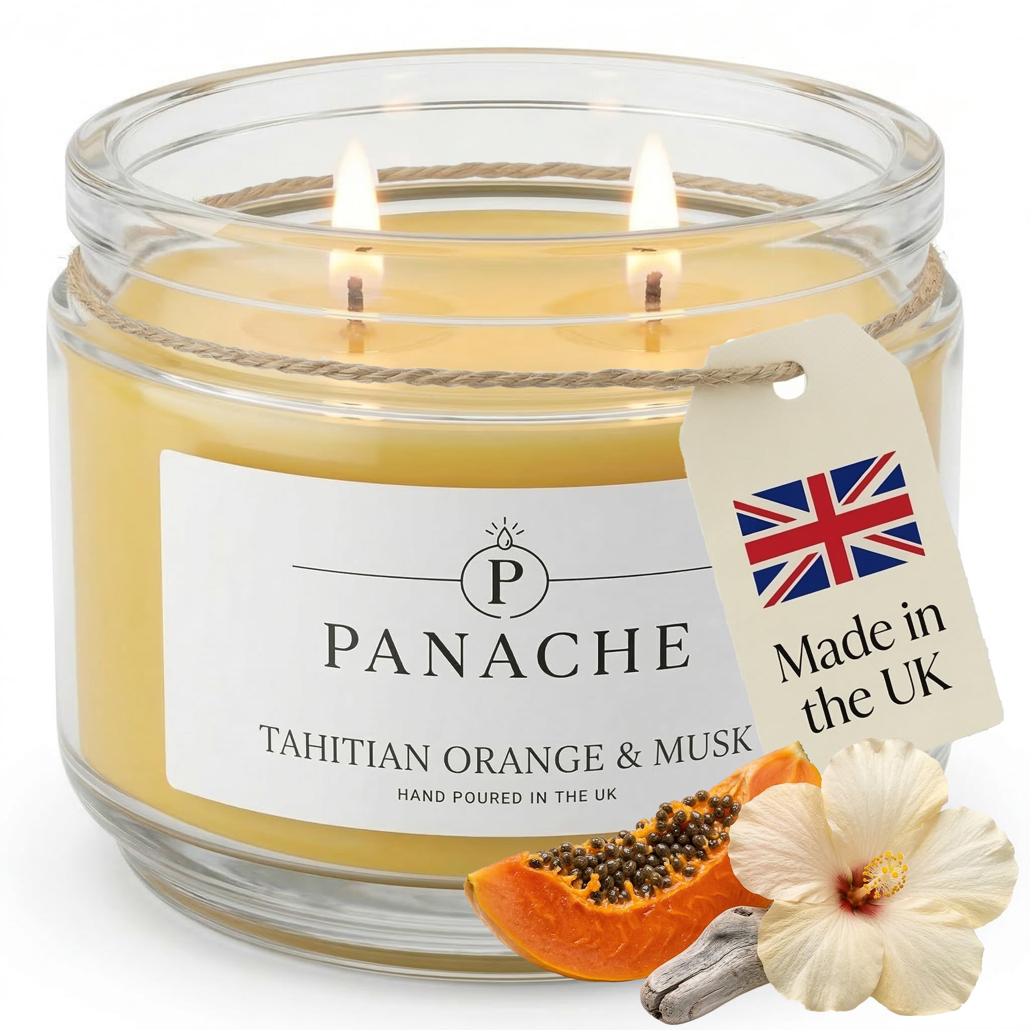 Panache Tahitian Orange & Musk Scented Candle – Double Wick Soy Wax Candle, 48 Hour Burn Time, Hand Poured in UK, Clean Burning Cotton Wicks, Luxury Glass Jar Candle for Home Fragrance & Gifts (320g)