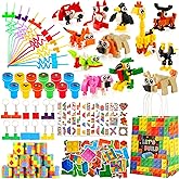 LiYiQ 134 Pcs Building Blocks Party Favors with Reusable Drinking Straws Animal Building Blocks Slap Bracelets Keychains Stamps Stickers and Gift Bags Gamer Birthday Party Supplies (Building)