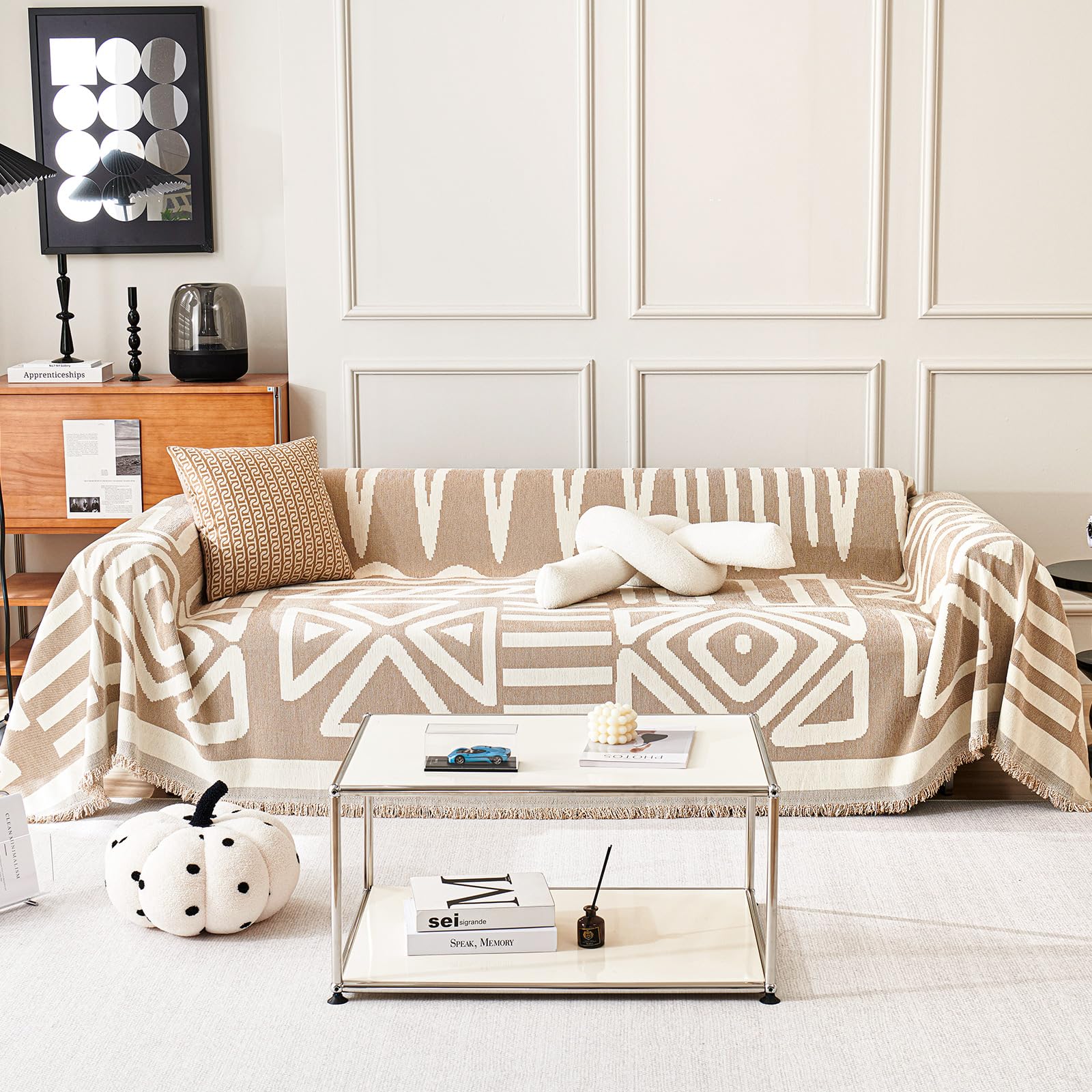 TAOTAOGO Sofa Cover 2 3 Seater Boho Chenille Corner Sofa Slipcover Washable L Shape Sofa Covers Reversible Sectional Couch Cover with Tassel Furniture Protector Loveseat Futon Cover A Khaki 180x300cm