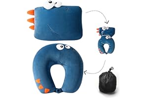 qianliyer Kids Neck Pillows for Travel - Animal 2-in-1 Transforming Plush Travel Pillow for Airplane and Car Journeys - Adorable U-Shaped Headrest & Neck Support for Kids and Adults - Navy Dinosaur