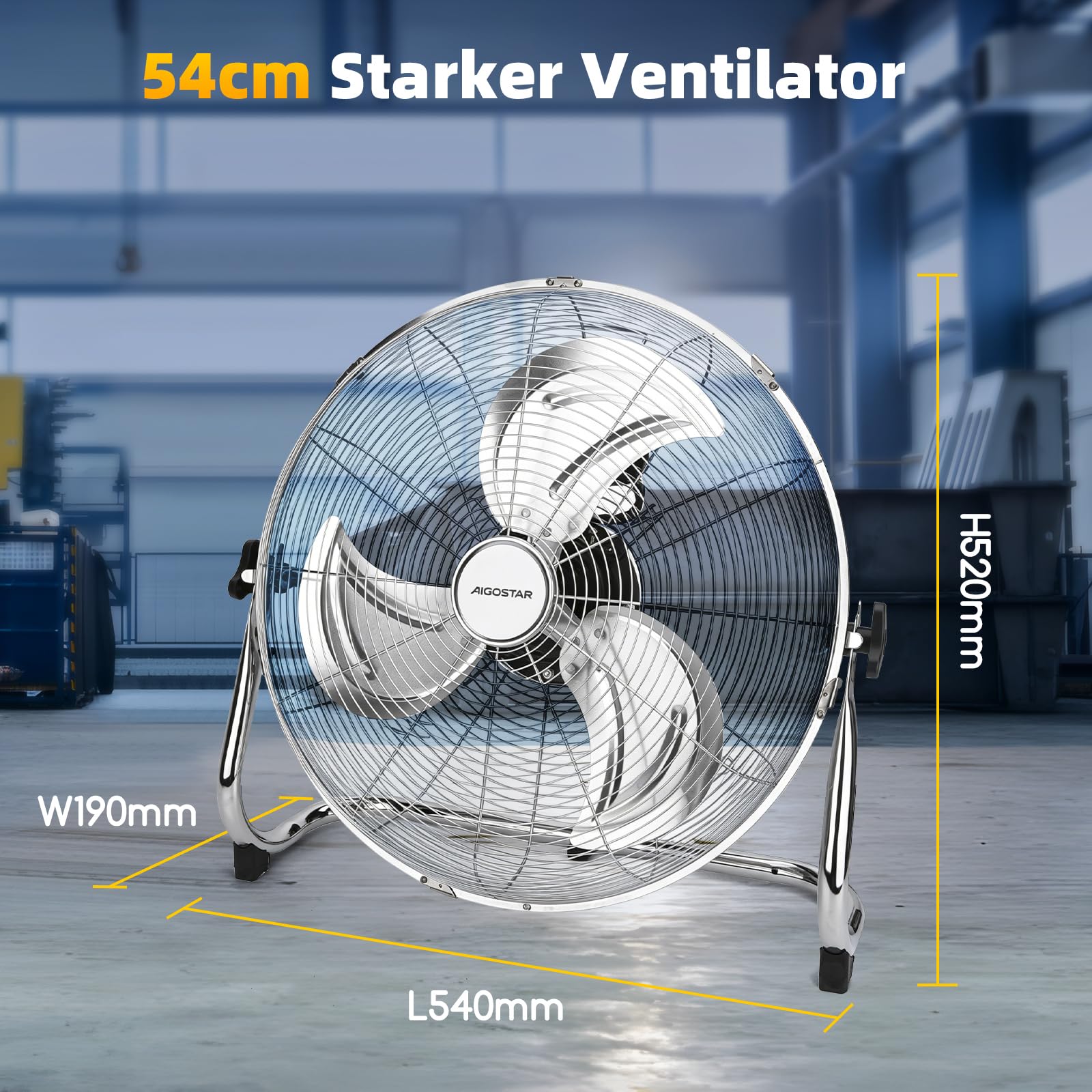 Aigostar Clover – XXL 54cm Retro Windmaschine, Starker Ventilator Groß, Bodenventilator mit Metall Chrom, Neigbarer Kopf (120°), 3 Stufen, Leise Standventilator, Industrie Ventilator 100 Watt, Silber 8