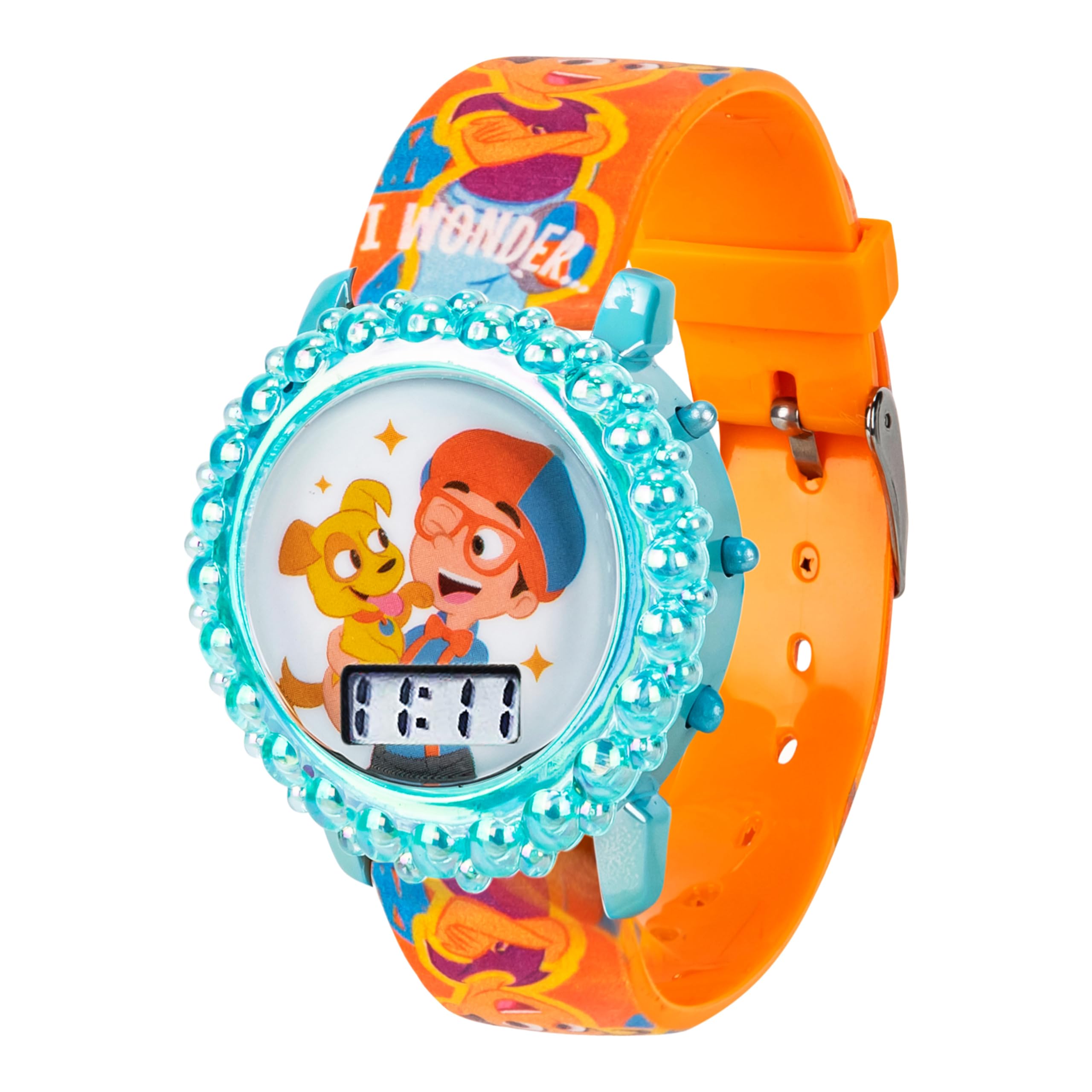 Accutime Blippi Educational LCD Watch for Kids - Flashing LED Lights, Colorful Learning Accessory, Comfortable Strap, with Bonus Gift Tin