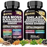 ELVPOTEC Shilajit and Sea Moss Bundle- 90 Count - Sea Moss 7000mg, Black Seed Oil 4000mg, Ashwagandha 2000mg, Ginger & Shilajit 9000mg, Rhodiola Rosea 1000mg, All in 1 Supplements (1 Pack)