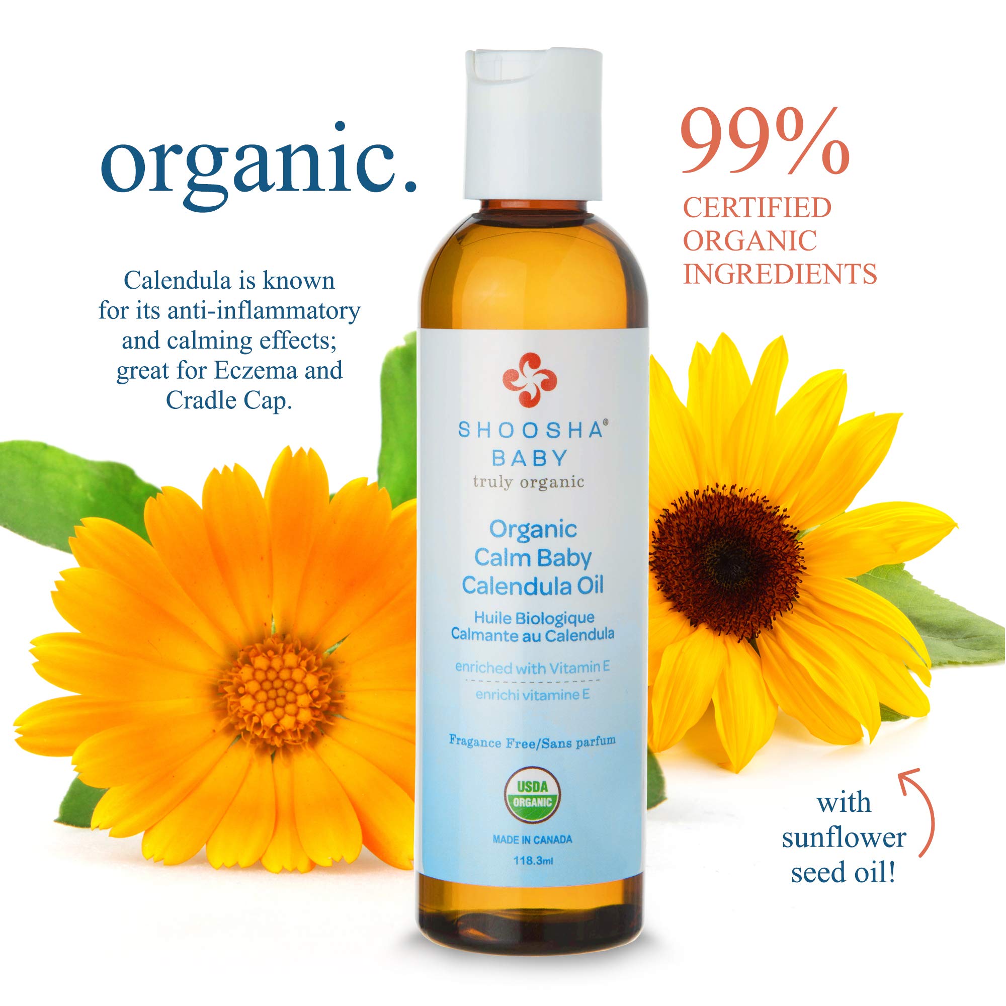 Shoosha Organic Calendula Oil Fragrance Free, for Babies, Real Calendula Oil, Calendula Massage Oil Moisturizer, Hypoallergenic, Gluten-Free, 100% Biodegradable
