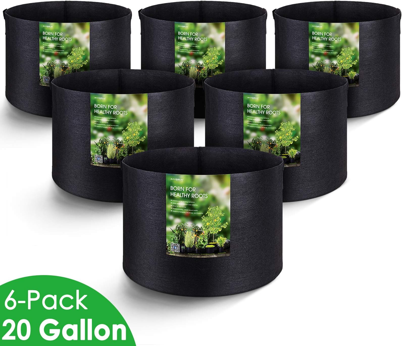 MAXSISUN 6-Pack 20 Gallon Plant Grow Bags, Heavy Duty Thickened Non-Woven with Reinforced Handles for Gardening