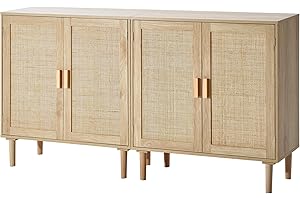 VEVOR Rattan Buffet Cabinet with Storage, 4 Magnetic Doors and Adjustable Shelves, Sideboard for Hallway, Living Room, Kitchen, Natural