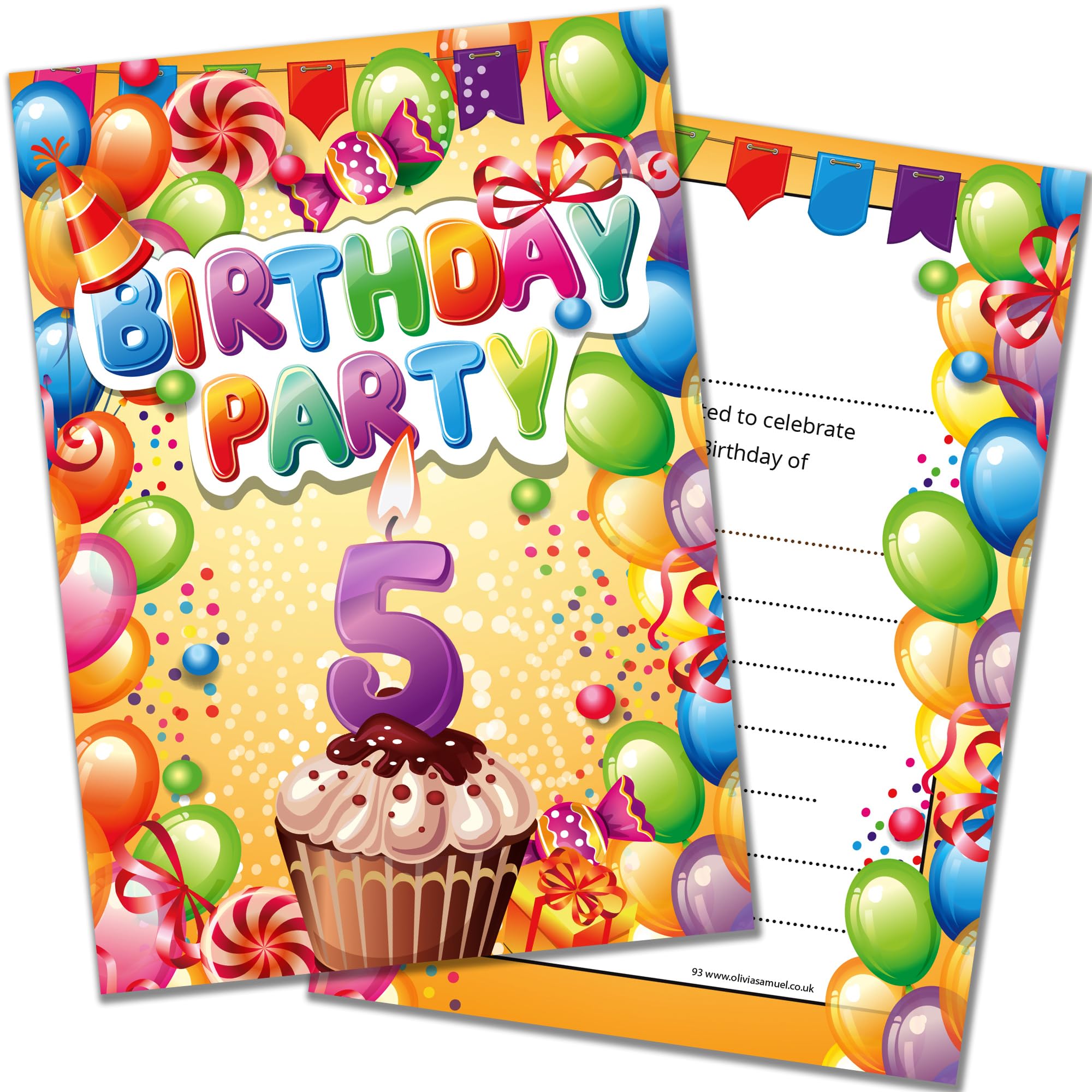 Olivia Samuel 20 x 5th Birthday Party Invites from Boy or Girl Bright Fun Design - Ready to Write with Envelopes
