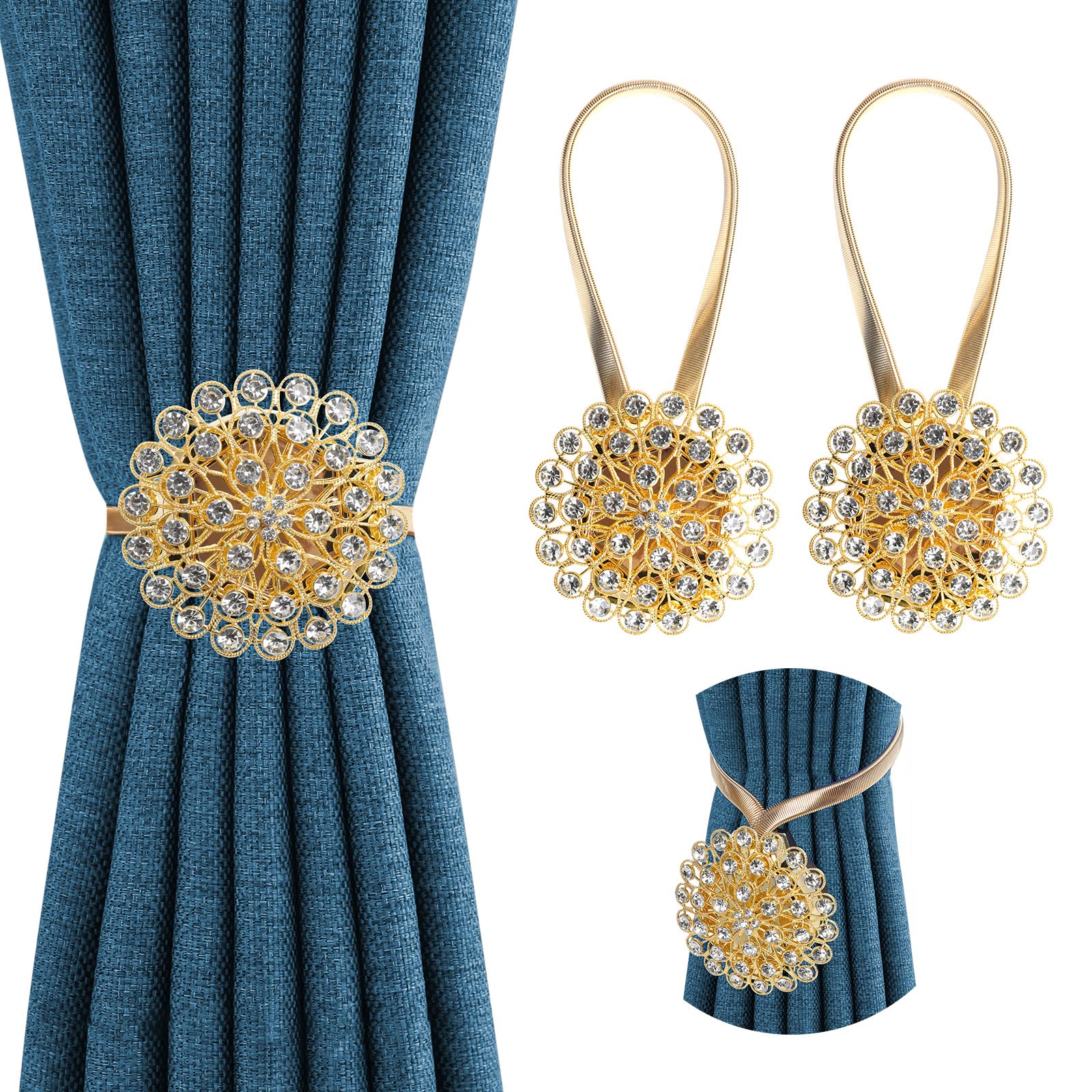 MYDAYTIN Crystal Decor Curtain Tiebacks, 2 Pack Magnetic Tieback, Crystal Flower Curtain Tiebacks with High Stretchy Wire Rope, Flower Curtain Buckle for Home, Office, Decoration (Yellow & White)