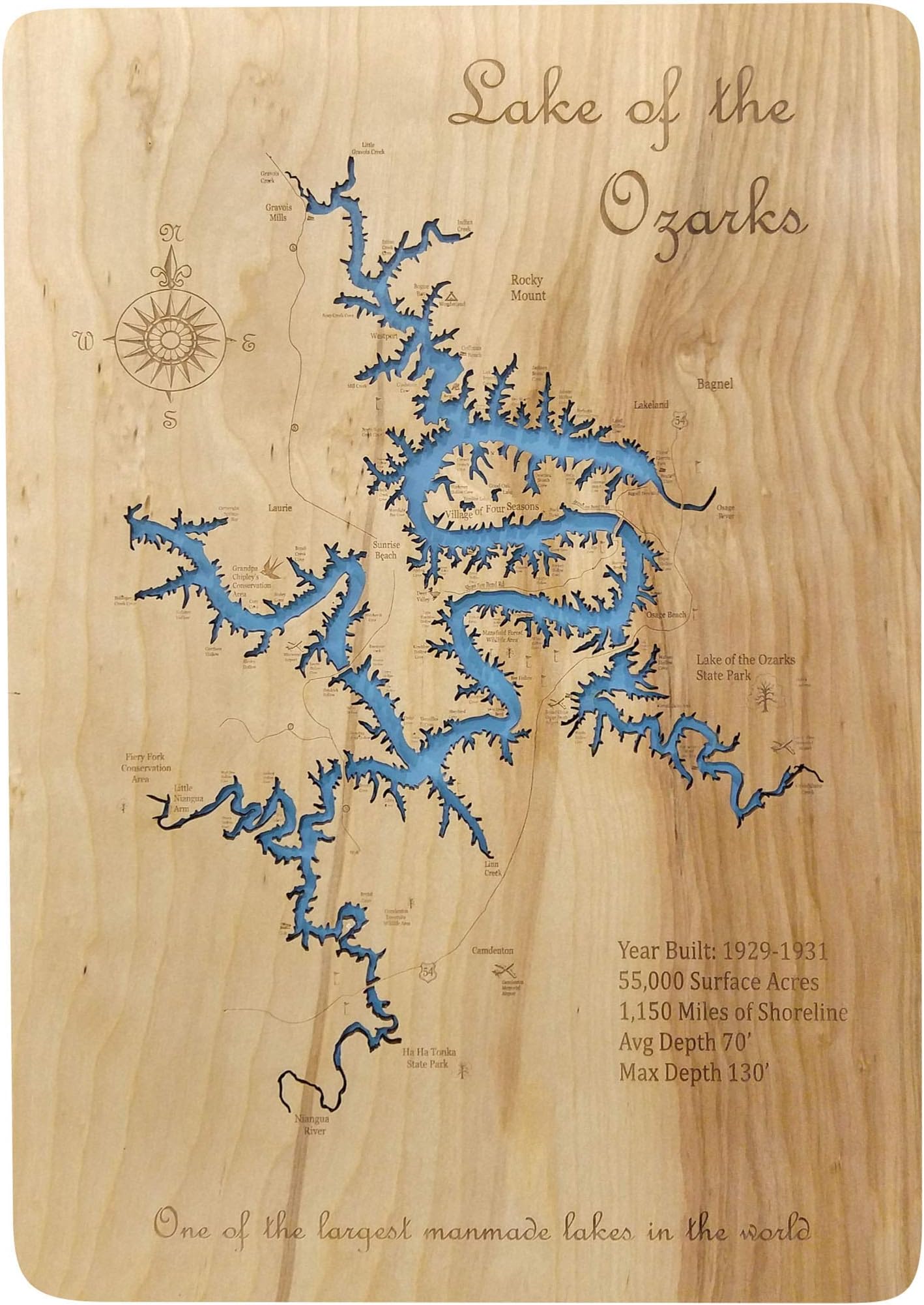 Wood Map Wall Hanging: Lake of The Ozarks Missouri (Standout 15 x 23 Medium) (Vertical)
