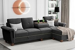JAMFLY Sectional Couches for Living Room L Shaped Couch with Storage, 4-Seat Convertible Sectional Sofa Couch with Ottoman, Living Room Furniture Sets with Cup Holders, Black