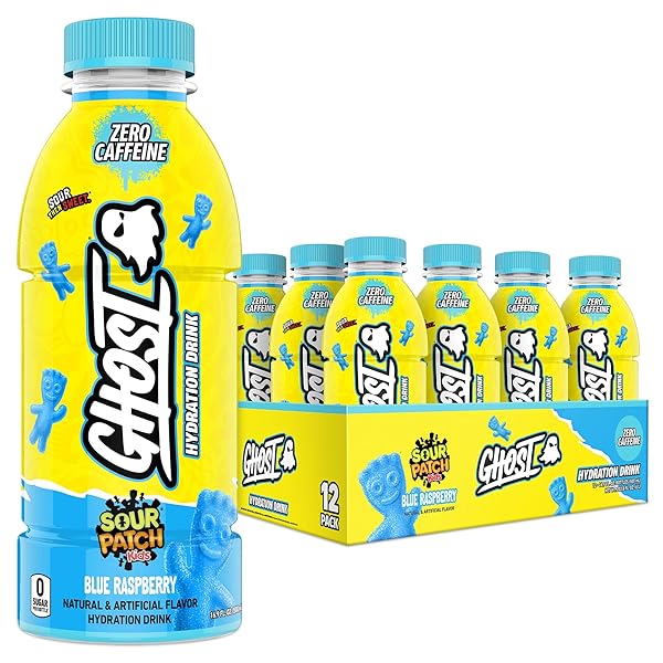 GHOST HYDRATION DRINK, SOUR PATCH KIDS BLUE RASPBERRY – RTD SPORTS DRINKS WITH ELECTROLYTES FOR HYDRATION – BEVERAGE FOR ATHLETES – ZERO CAFFEINE & ZERO SUGARS – 16.9 FL OZ, 12 PACK