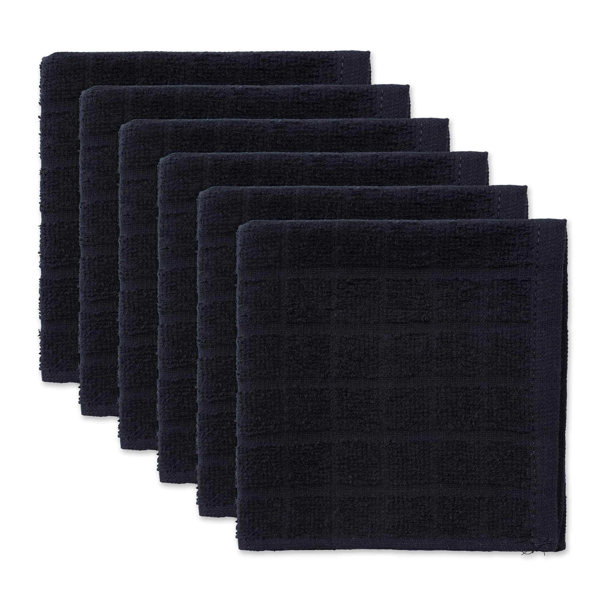 DII Basic Terry Collection Solid Windowpane Dishcloth Set, 12x12, Black, 6 Piece
