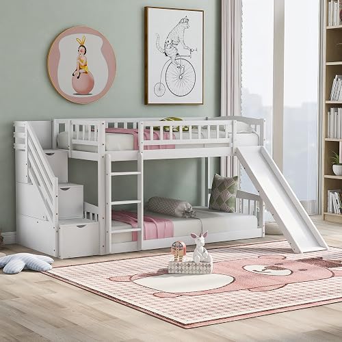 BIADNBZ Twin Size Floor Bunk Bed with Convertible Slide&Ladder, Storage ...