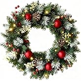 22 Inch Christmas Wreath with Lights Christmas Wreaths for Front Door Winter Wreath with Norfolk Pines Red Berries Pine Cone Ball Ornaments for Christmas Indoor Outdoor Decorations NO DIY