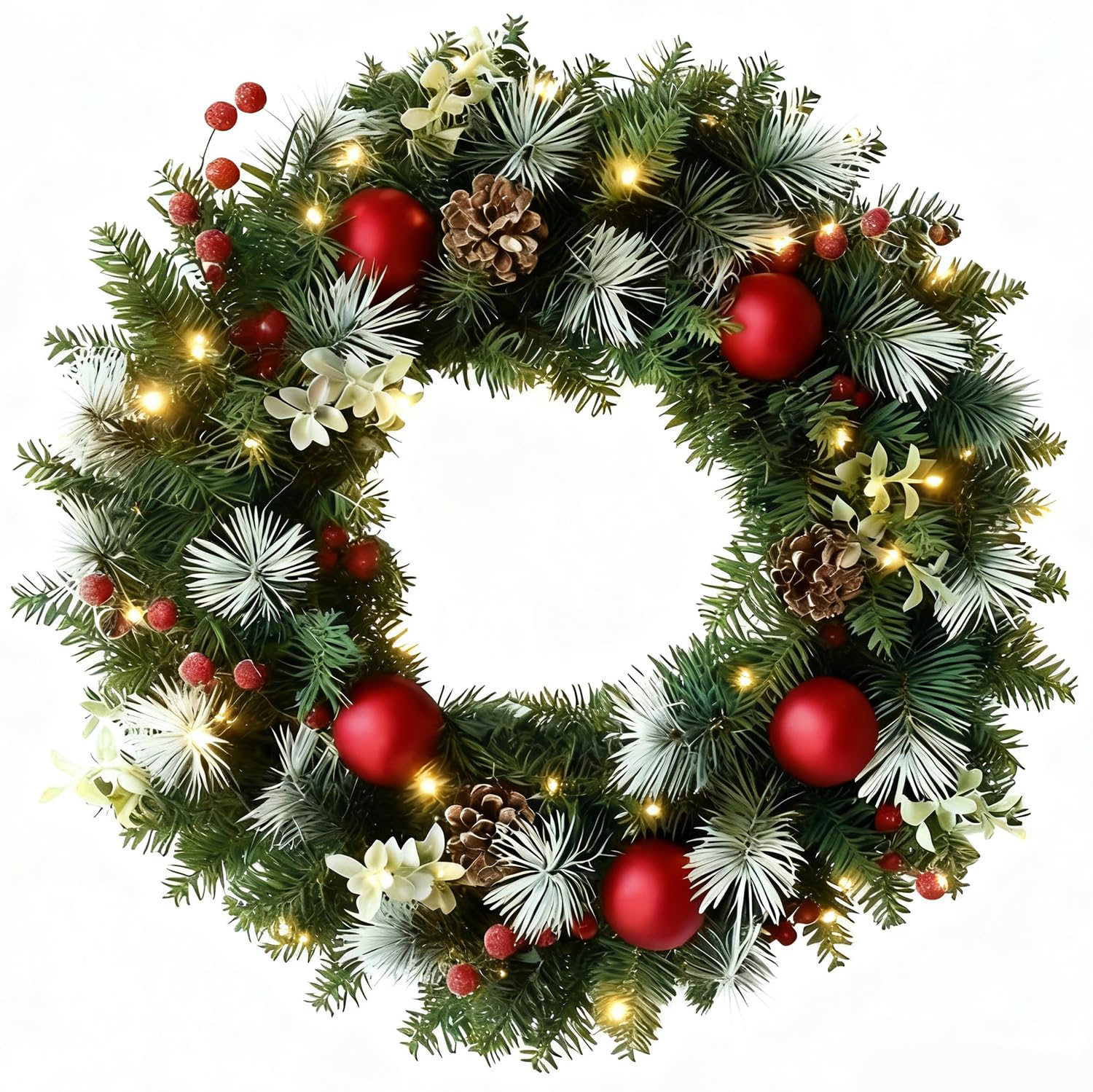 Photo 1 of 22 Inch Christmas Wreath with Lights Christmas Wreaths for Front Door Winter Wreath with Norfolk Pines Red Berries Pine Cone Ball Ornaments for Christmas Indoor Outdoor Decorations NO DIY