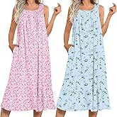 Ekouaer 2 Pack Nightgowns for Women Sleeveless Long Night Gowns Victorian Nightdress with Pockets Soft Ladies Gown