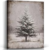Voxitura Vintage Christmas Winter Snowy Tree Wall Art Canvas, Rustic Snow Wall Decor for Holiday, Farmhouse Retro Festive Paintings Pictures Prints Framed for Bedroom Living Room 12x15in