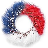 24 inch Independence Day Wreath,Red White Blue Artificial Reeds with Berries Star Patriotic Floral Decorations Wreaths Home Indoor Outdoor Hanging Pampas Grass Wreath for Memorial Day July 4th